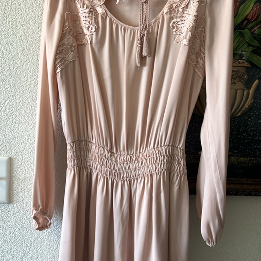Pink Smocked Long Sleeve Sundress for Wedding Guest